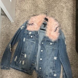 Forever 21 Blue Denim Jacket with Pink Faux Fur Collar